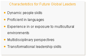 Text Box: Characteristics for Future Global Leaders    •	Dynamic people skills  •	Proficient in languages  •	Experience in or exposure to multicultural environments  •	Multidisciplinary perspectives  •	Transformational leadership skills  
