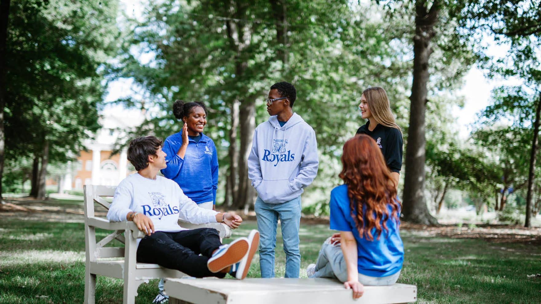 A group of students outside Regent University's chapel in Virginia Beach, VA 23464.